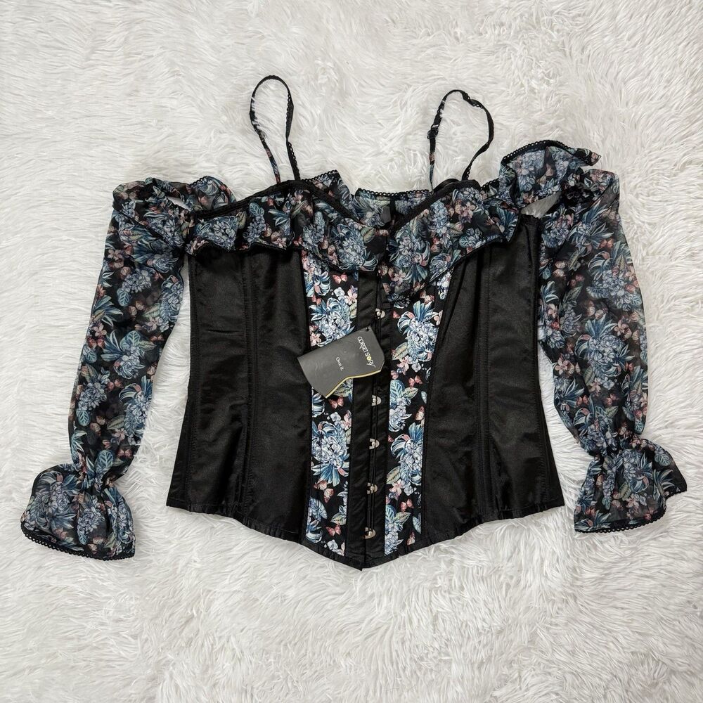 Black Floral Off-Shoulder Satin Corset Camisole
